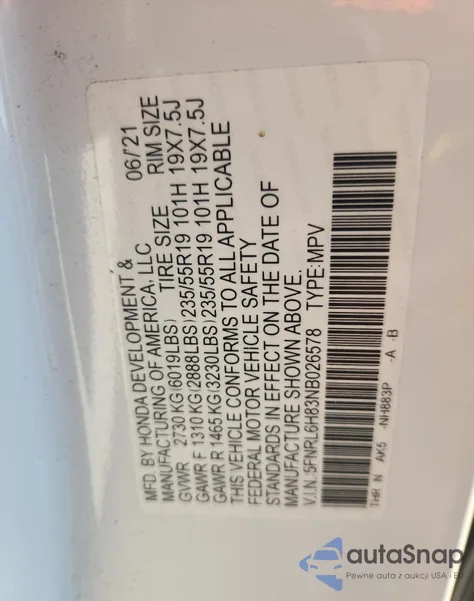 2022 Honda Odyssey Touring z USA, uszkodzony, nr VIN 5FNRL6H83NB026578